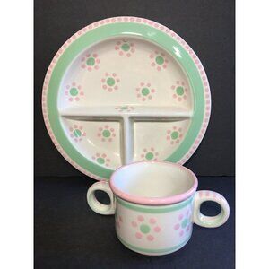 M. Bagwell Childs Plate & Cup Set Baby Dots Divided Dish Ceramic Flowers Pink